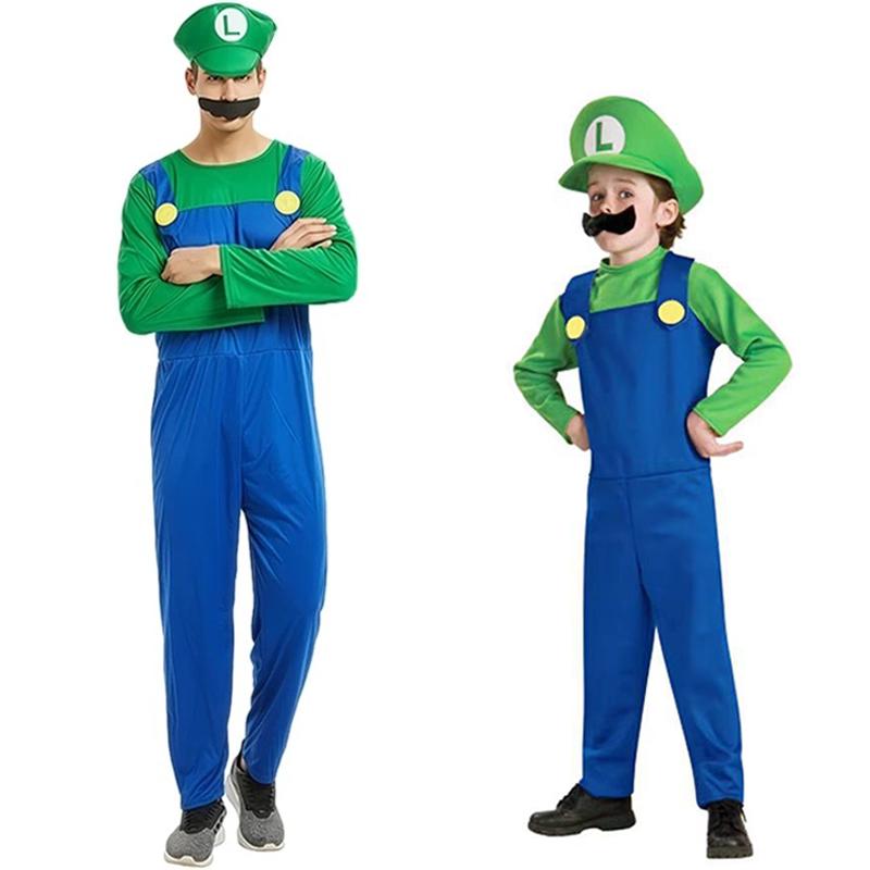 Anime Super Mario Bros Cosplay Costume Mario Luigi Costume Jumpsuit Hat Beard Sets Halloween Party Role Play Costumes For Unisex