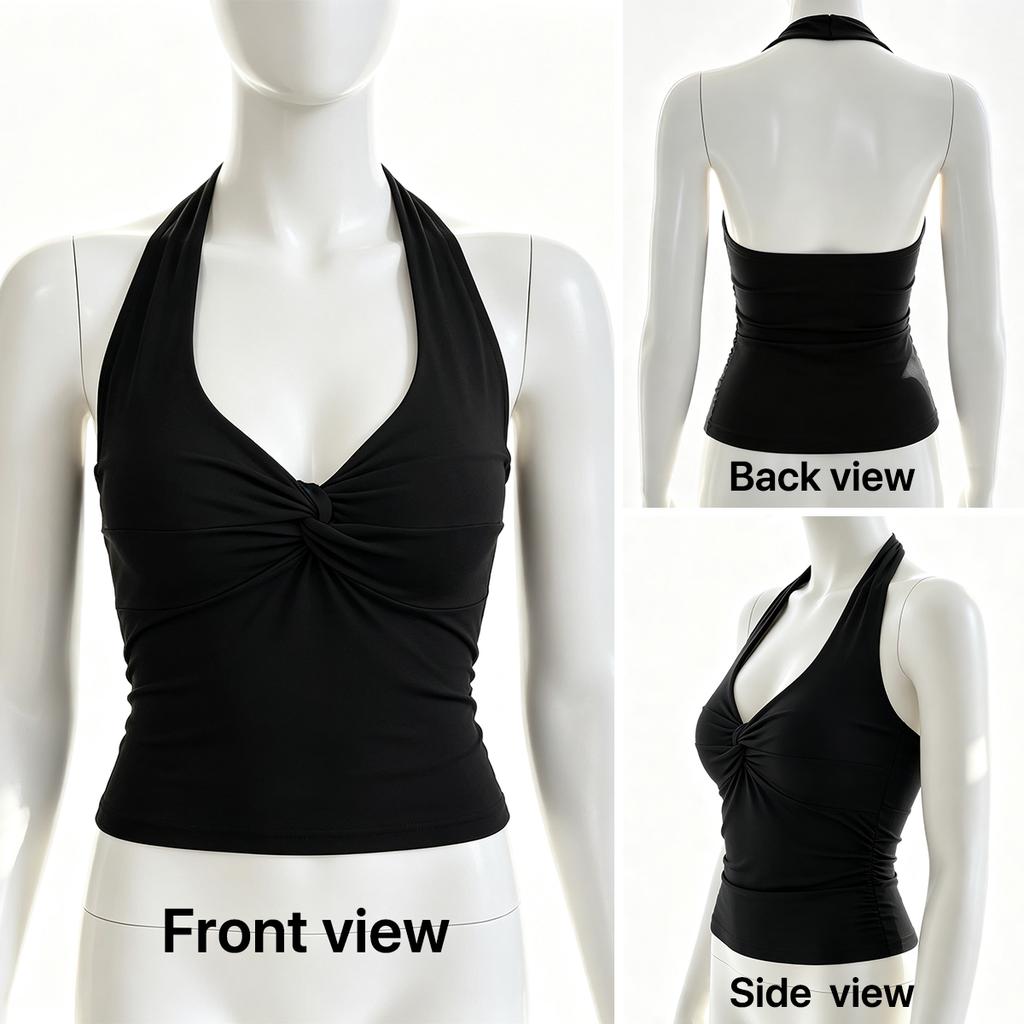Damen Neckholder Ärmelloses Tanktop Verdrehte Vorderseite Tiefes V-Ausschnitt Schmale Passform Einfarbig Kurz Lässig Sommer Crop Bluse