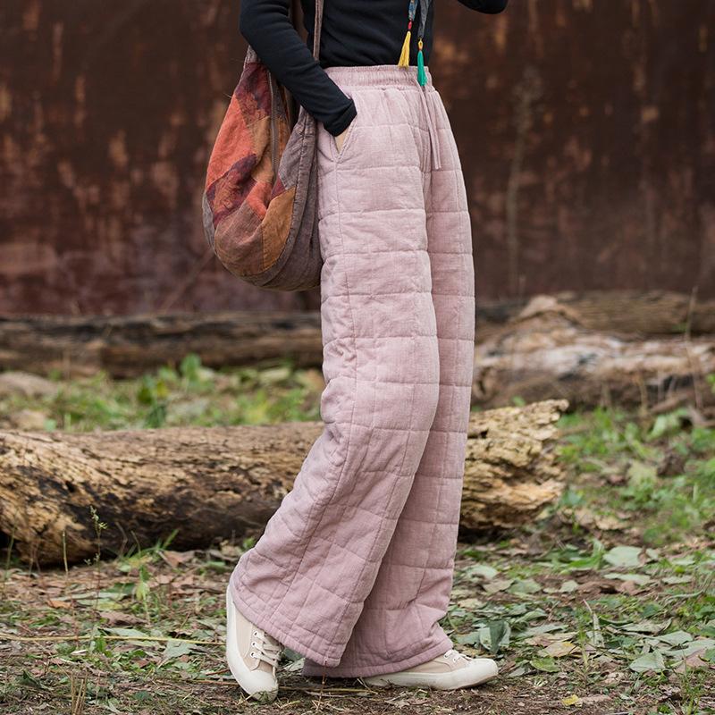 Johnature Women Vintage Winter Warm Straight Pants Elastic Waist Solid Color Pockets Chinese Style Pants