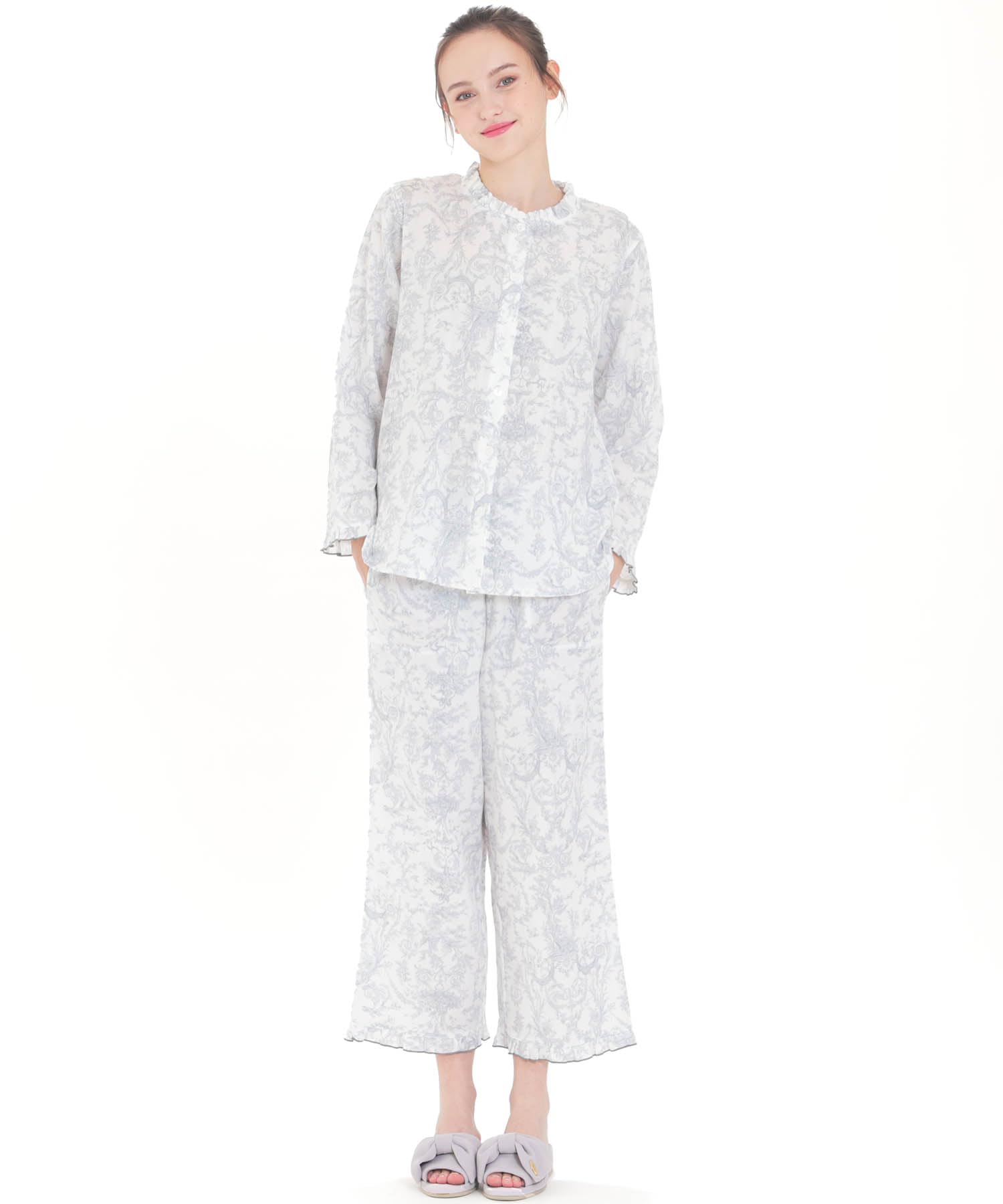 

Narue Cotton Double Gauze Toile de Jouy Frill Pajama Gray Women s Set, серый