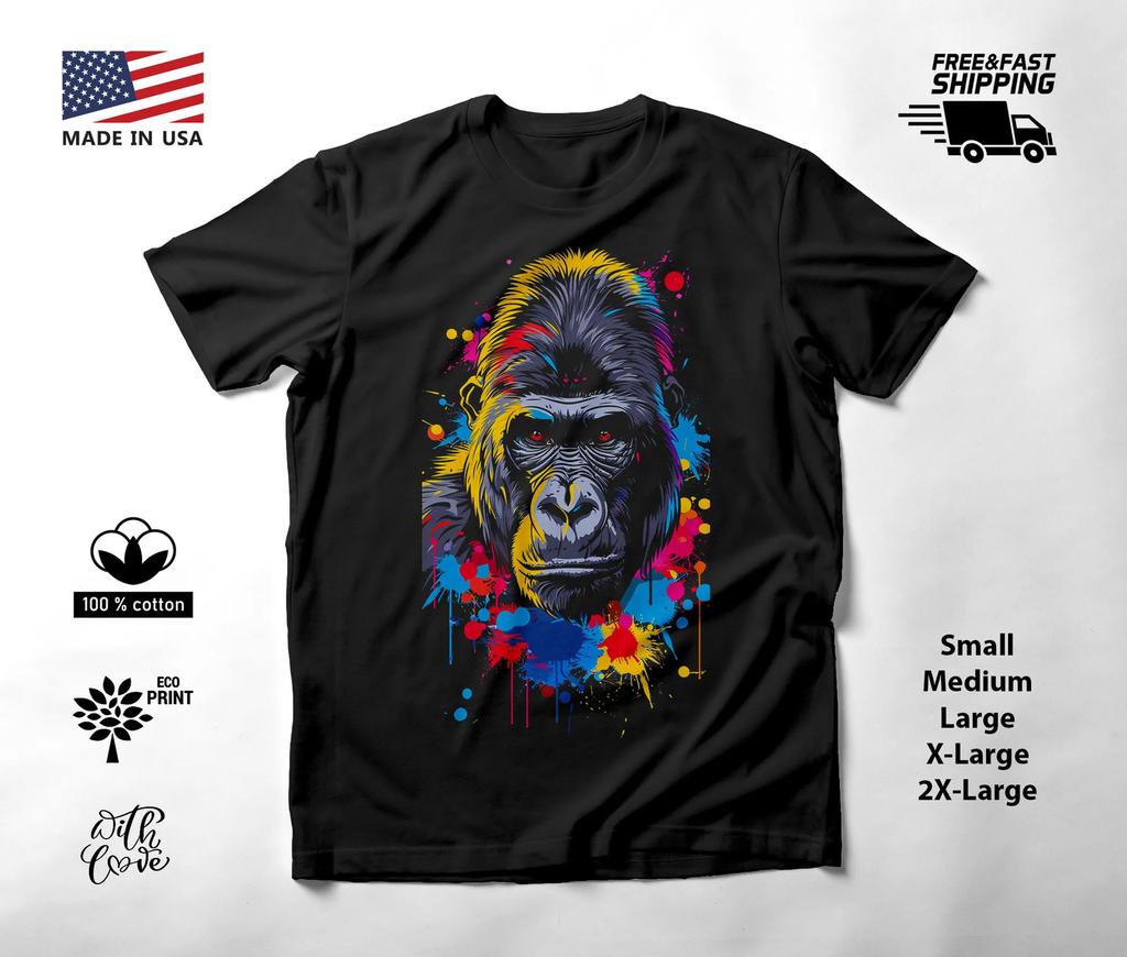 Gorilla Portrait Neon Graphic T-Shirt Black Unisex S-2XL