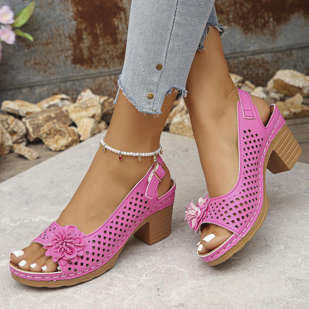 Women's Chunky Heel Sandals Summer Fashion Flower Hollow Beach Shoes Lightweight High Heeled Casual Sandals for Women