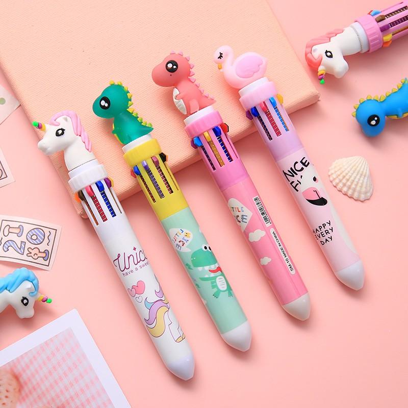 10 Colors Ballpoint Pen Cute Cartoon Dinosaur Color Retractable Pen Multicolor in 1