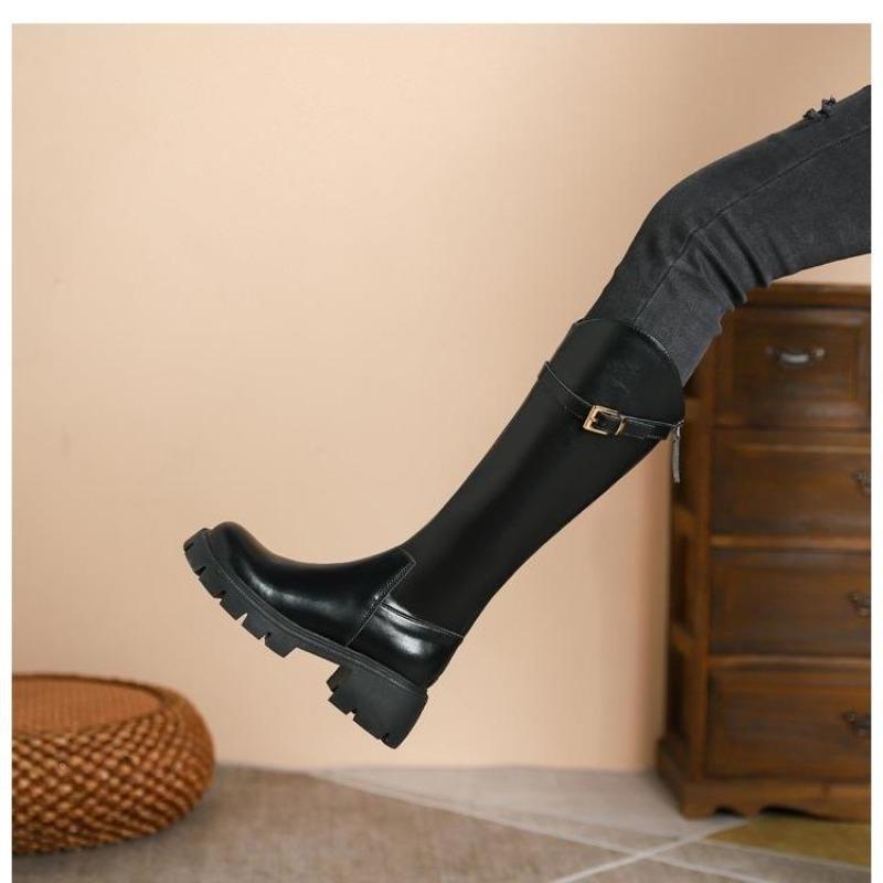 Women's Knee High Boots Fashion V-mouth Knight Booties Square Heels Belt Buckle High-heeled Winter Warm Short Plush Women Shoes