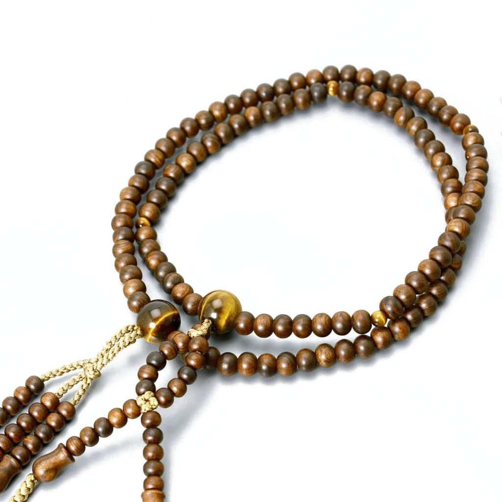Men's Buddhist Prayer Beads, Double Strand, Made In Kyoto, Made of Matte Sandalwood and Tiger's Eye Stone, Odamaki, Nichiren Buddhism, Funeral,