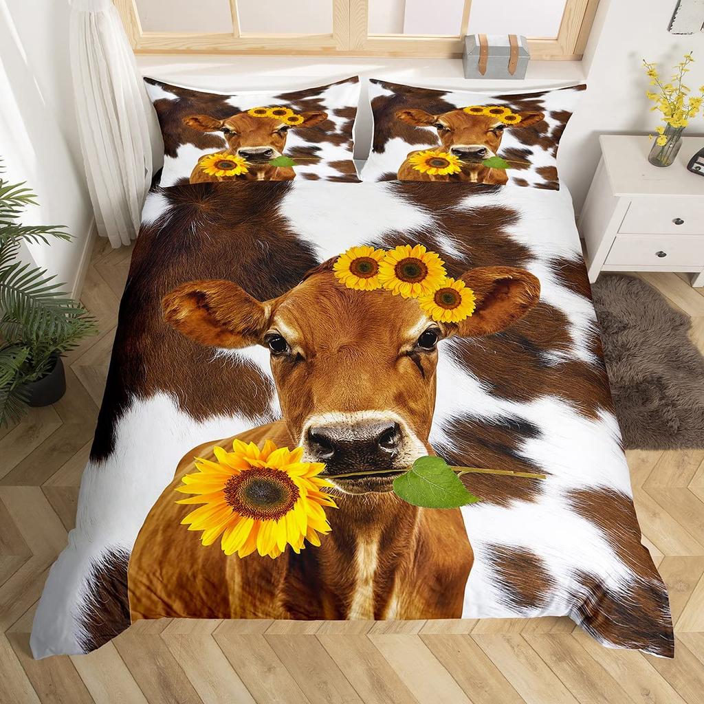 Brown Cowhide Pattern Duvet Cover Set Cow Print Bedding Set Farmhouse Animal Fur Hair Polyester Comforter Cover With Pillowcase