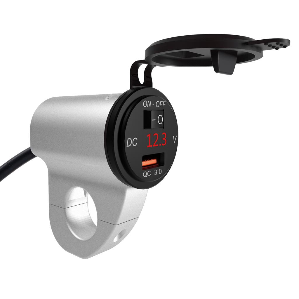 12V Motorcycle Handlebar 2.4A USB Adapter Charger with Digital Voltmeter Fits for 22mm-26mm Handlebars