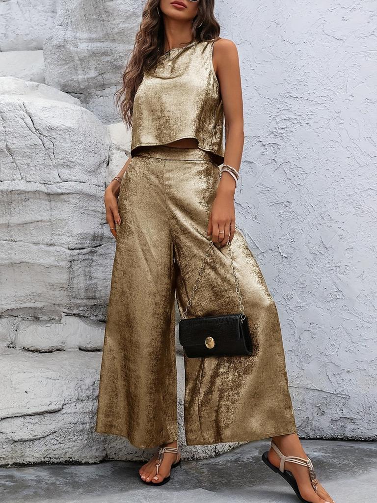 Women Fashion Solid Color Sleeveless Vest Wide Leg Long Pants Casual Two Piece Outfit