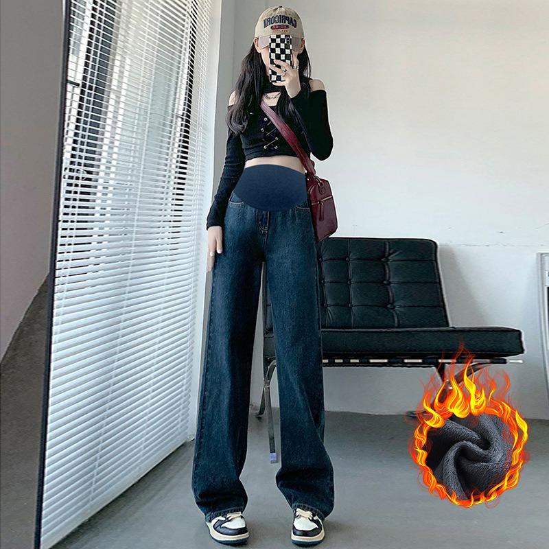 Pregnant Women's Velvet Wide-leg Jeans Are Loose for Winter Wear, and They Are Thin and Drape. Straight High-waisted Support and Floor Pants.