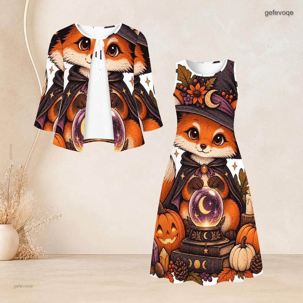 Women Plus Size Two Piece Dress Set Three Quarter Sleeve Halloween Panda Ghost Print Long Dress