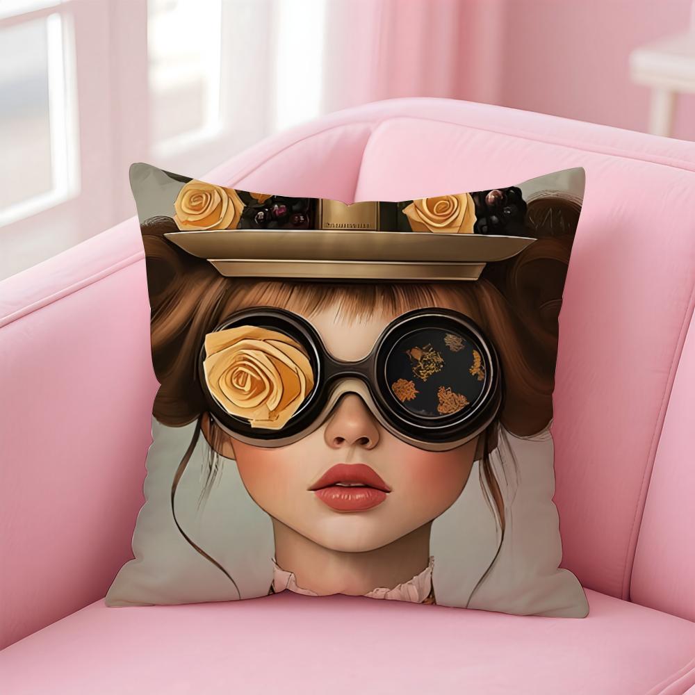 Fashionable Casual Eyeglasses Girl Woman Cushion Cover Pillowcase Short Plush Invisible Zipper Room Sofa Cushion Cover
