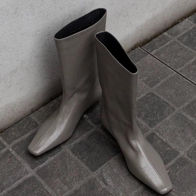 Sheepskin version~ Genuine leather square head heel medium boots women's wide small ankle boots knight short boots Martin boots