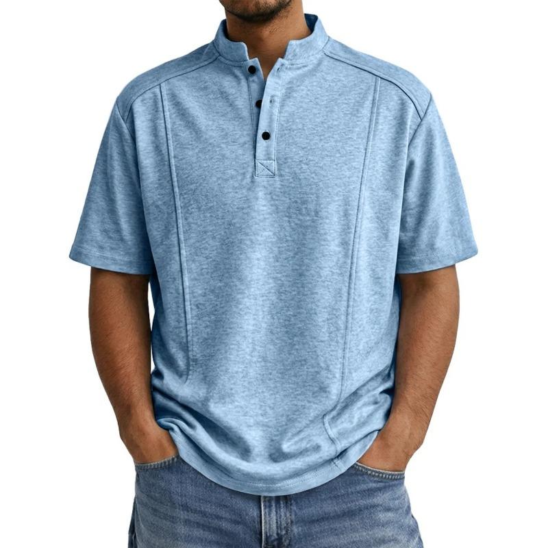 

Men Stand Collar Henley Shirt Short Sleeve Half Button Placket Solid Color Casual Stitched Top S