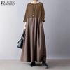 ZANZEA Women Casual Round Neck 3/4 Sleeve Loose Stripe Patchwork Long Dress