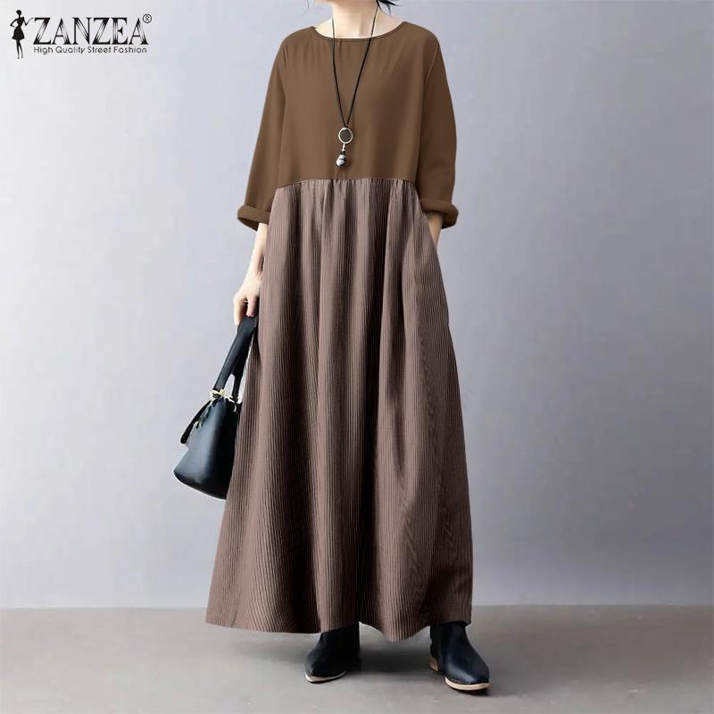 ZANZEA Women Casual Round Neck 3/4 Sleeve Loose Stripe Patchwork Long Dress