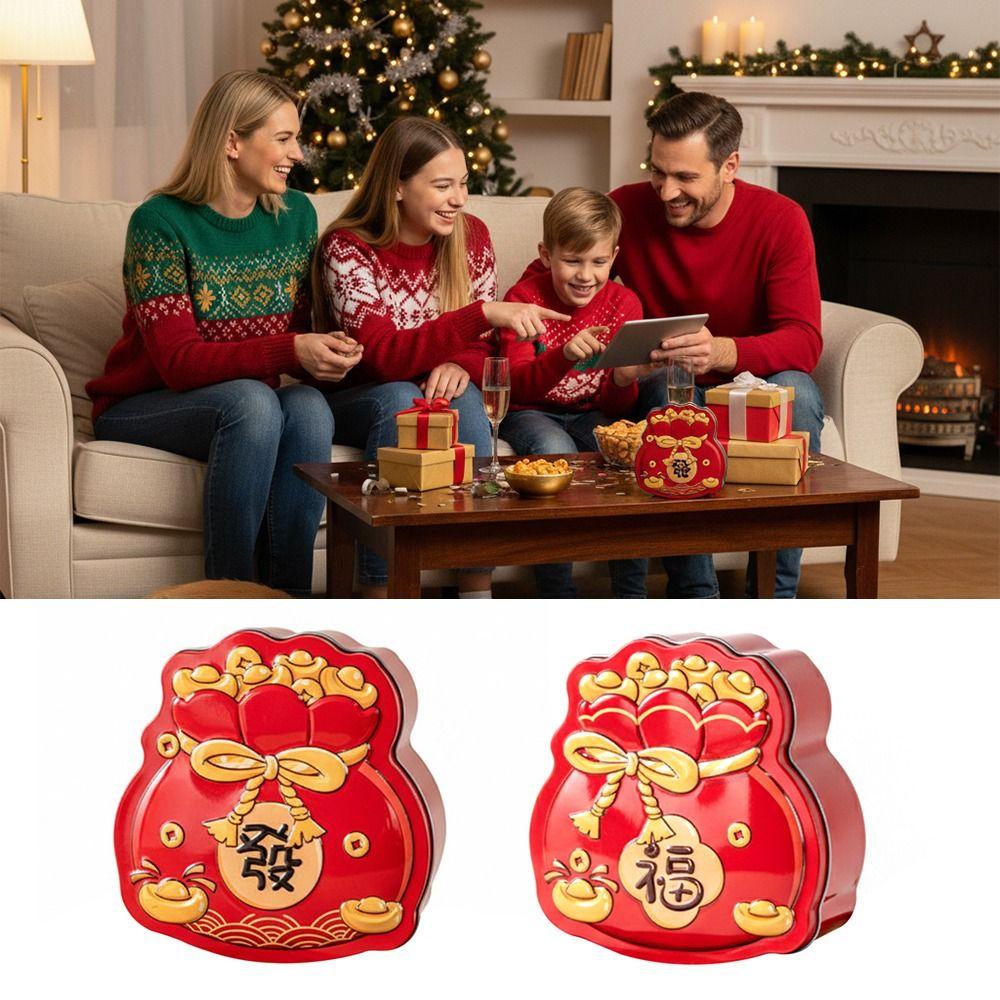 Durable Tinplate Package Box Cartoon Gift Bag Red Gift Box Blessing Words Thicken Packing Box Chinese New Year