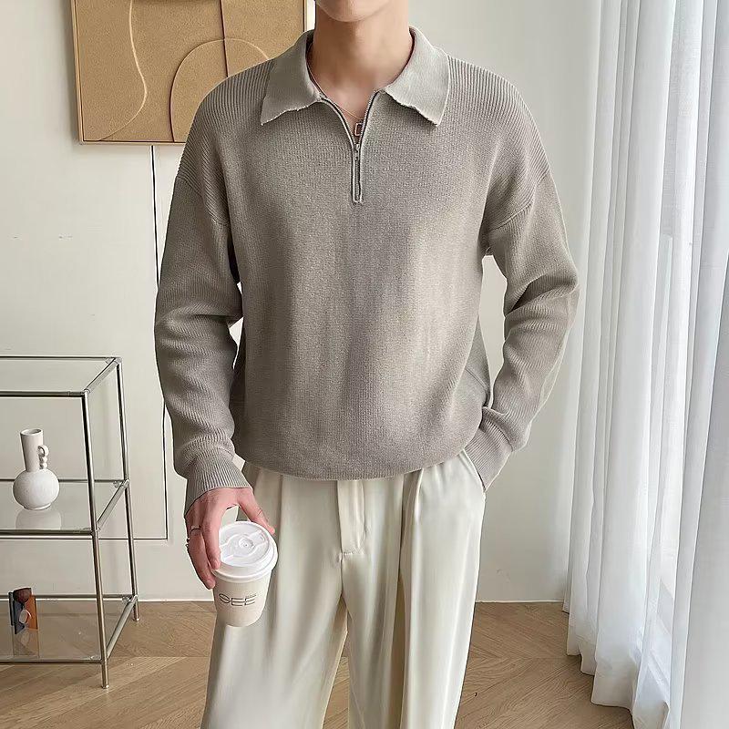 Męski dzianinowy sweter w japońskim stylu z półzamkiem i kołnierzykiem polo - jesienno-zimowy casualowy pulower.