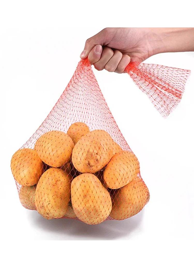 100pcs Red Plastic Mesh Bags Fruit Chestnut Nut Small Mesh Packaging and Storage Net Cover Portable Nylon Woven Bag with Buckle
