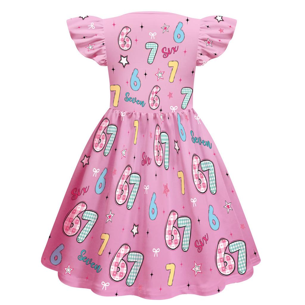 82837 Kinder Mädchen Steal a Brainrot 67 Six Seven Print Rüschen Ärmellos Prinzessinkleid