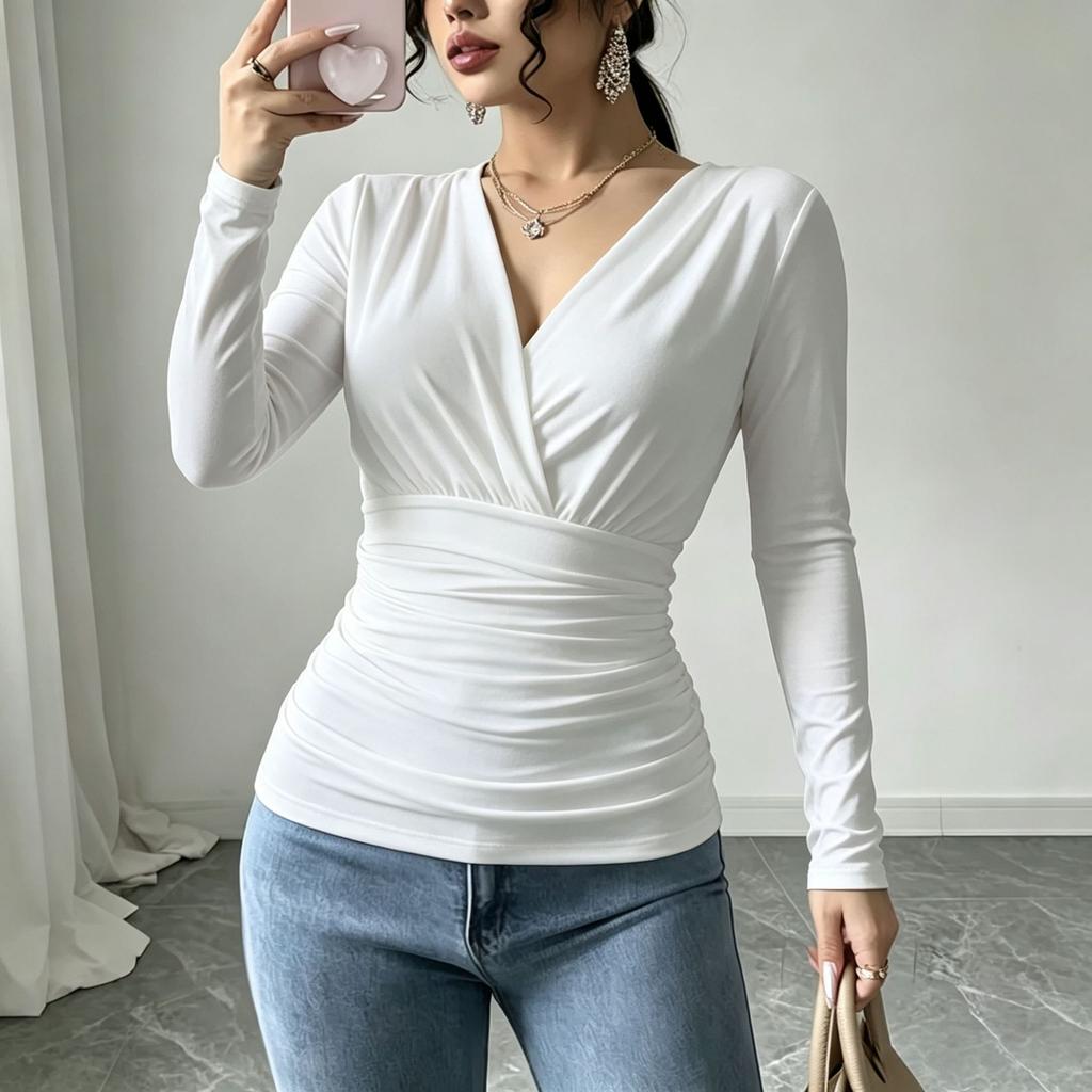 Damen S Französischer Stil V-Ausschnitt Langarm Schlank geschnittenes T-Shirt