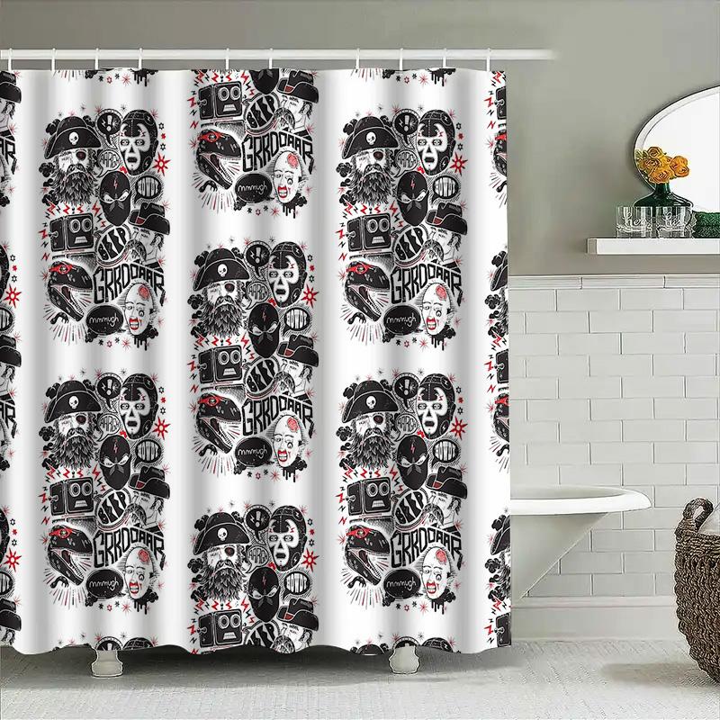Bathroom Shower Curtain Set Waterproof Vintage Floral Pattern Farmhouse Decor Home Decor Coastal Style Modern Black And White Wa