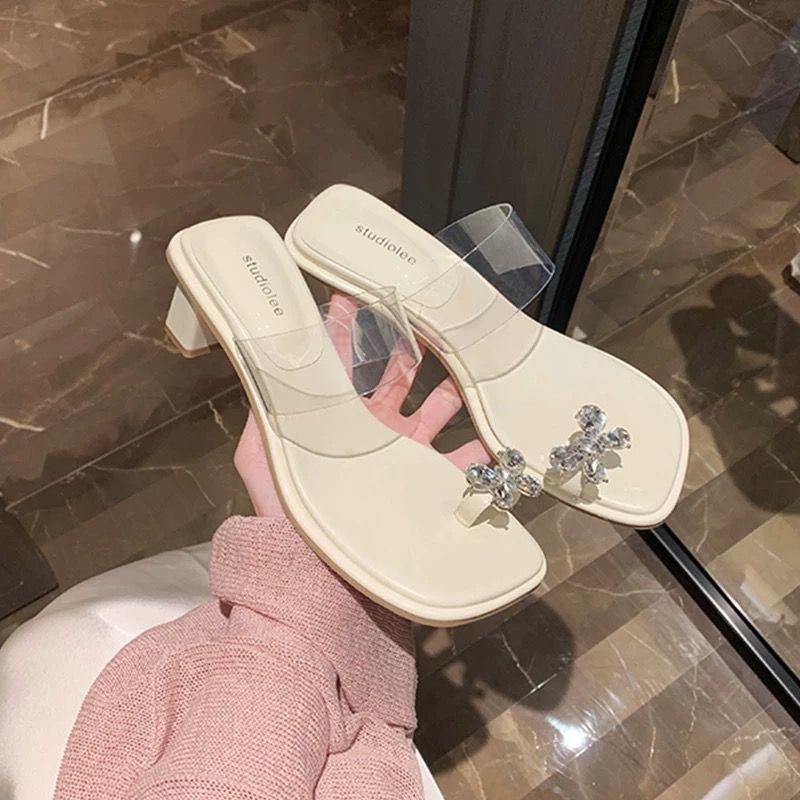 Fashion Slippers Casual Butterfly-Knot Glitter Slides Shoes Square Heel Transparent Heel Luxury Jelly Block Summer Crystal Scandals Butt