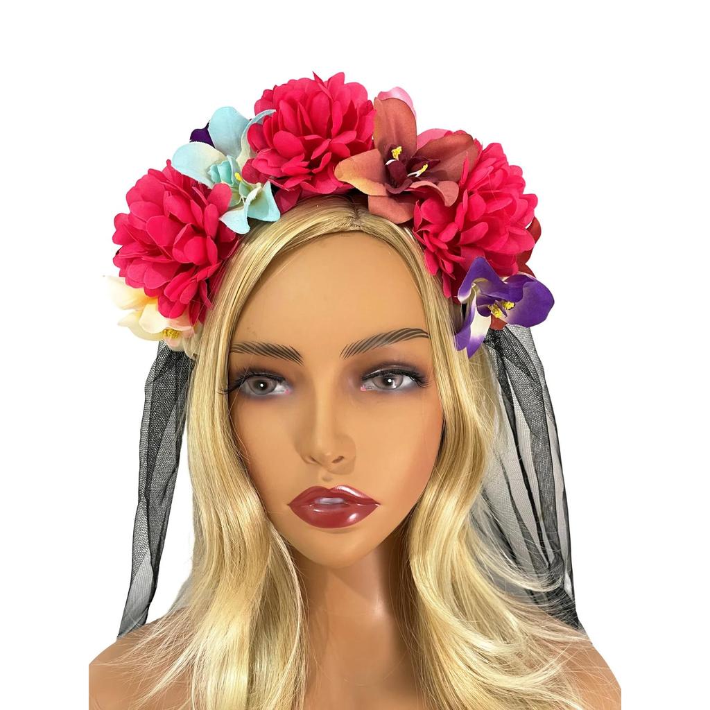 2024 Halloween Simulation Colorful Peony Flower Headband Fairy Butterfly Mexican Wreath Crown Cosplay Party Costume Day Dead