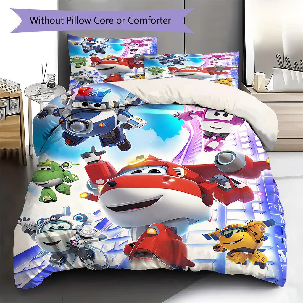 Super Wings Vzor Povlečení Sada Prošívaných Dek Quilt Cover Povlak na Polštář Domácí Dekorace Dárek (1 * povlak na peřinu + 2 * povlak na polštář, bez jádra)