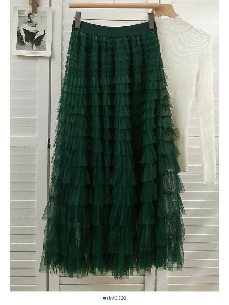 "2024 Frühling/Sommer Lotusblatt Mesh Puffrock": Gespleißt, Schlank, Von Prominenten inspiriert, Lang, Sexy Kuchenstil"