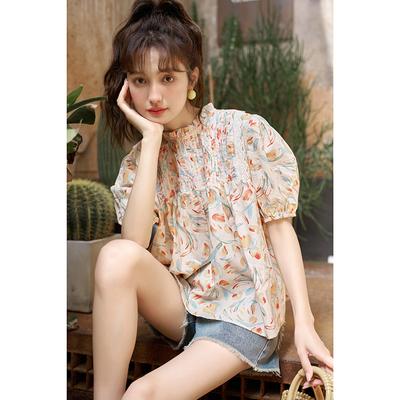 Women Blouse 2023 Summer Puff Sleeve Floral O-neck Loose Casual Commuter Fashion Sweet Pullover Tops MXC37X0034
