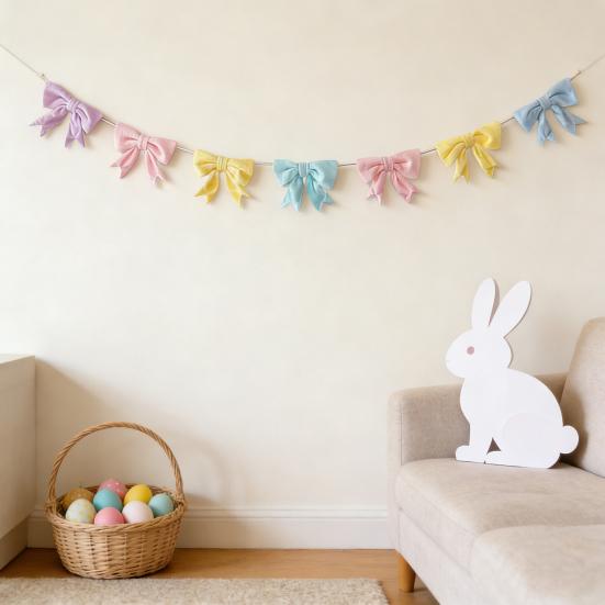 Easter Pastel Bow Garland Banner Spring Velvet Bow Garland Decoration for Table Door Mantel Window Wall Easter Party Supplies