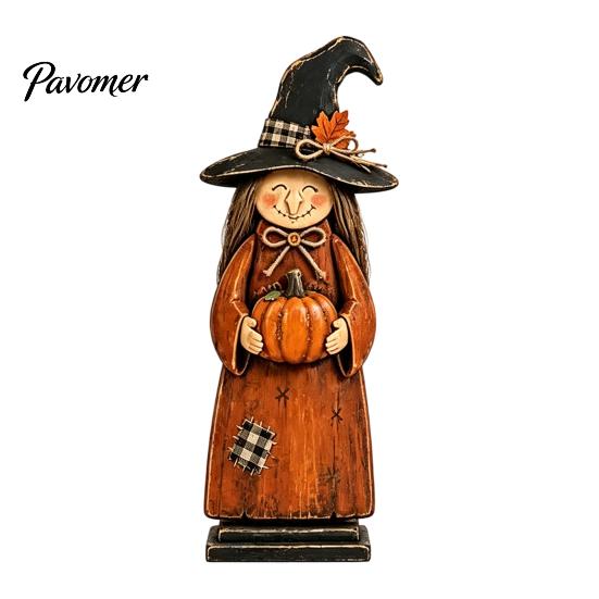 Vintage Style Witch Party Supplies Wooden Figurine, Halloween Statues with Decorations for Home Display Broom Pumpkin Black Cat, Fall Farmhouse