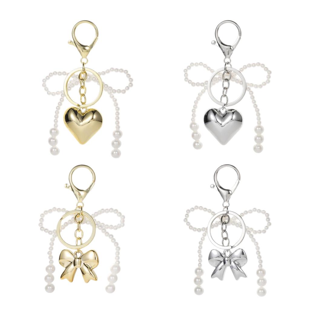 Pearl Bow Heart Keychain 3D Bag Charm Ornament In Gold/Silver