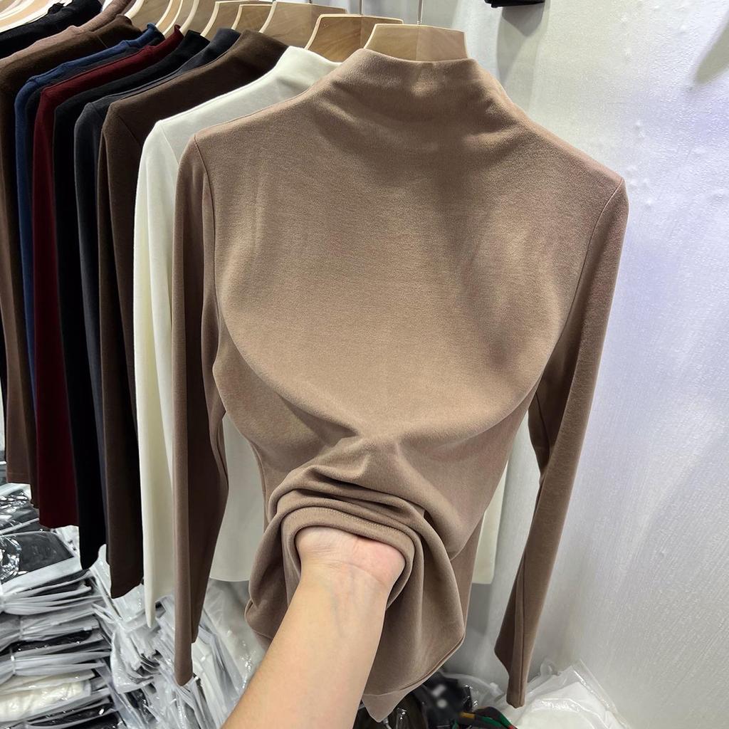 Autumn Half High Collar Slim Fit Plush Base Casual T-shirt Women Winter Long Sleeve Solid Velvet Women's T Shirt Elegant Retro Warm Lady Tee Top 25573