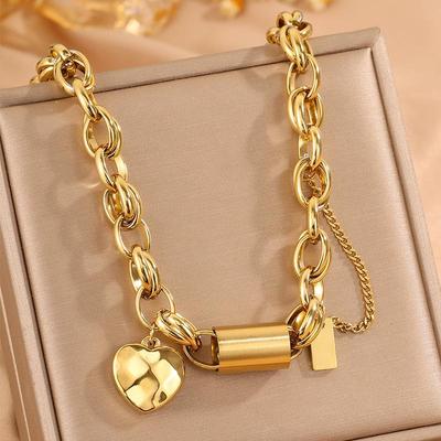 Conjunto de Colar e Pulseira de Corrente Coração em Aço Titânio Antidescolorante – Joias de Moda Europeia e Americana para Mulheres