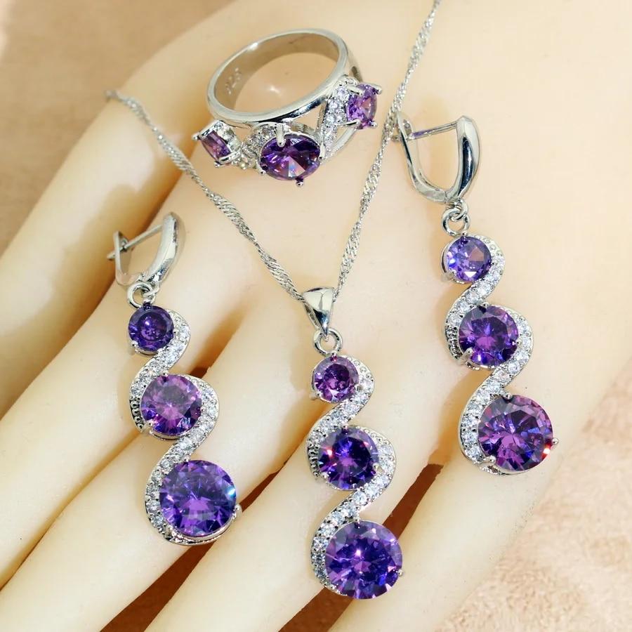 

Серебряные 925 комплекты свадебных украшений для женщин, серьги с фиолетовыми кристаллами, ожерелье, кулон, кольцо, свадебный подарок