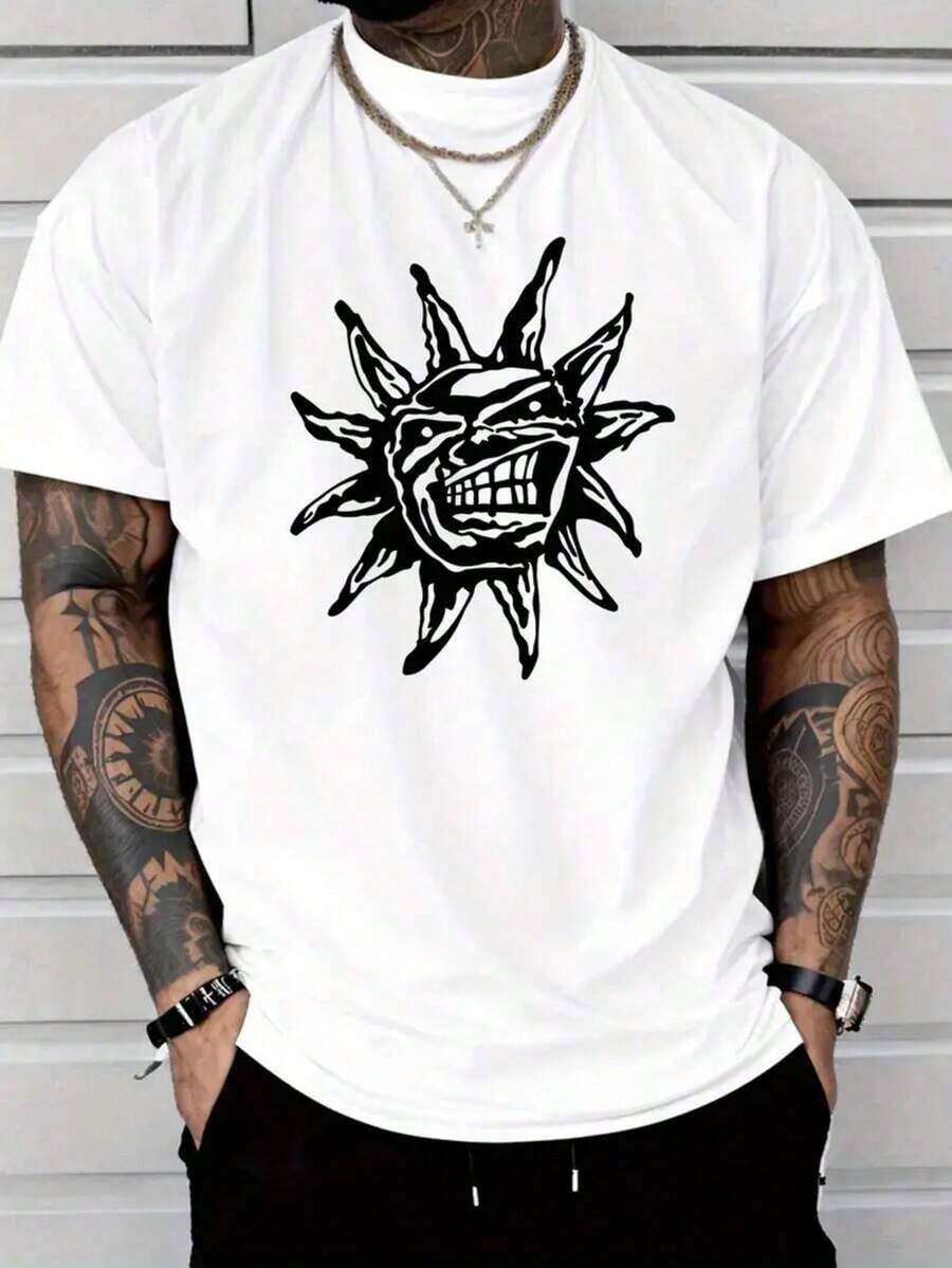 

Unisex s Lightweight Graphic T-Shirt - Light Grey With Black Sunflower-Like Design M