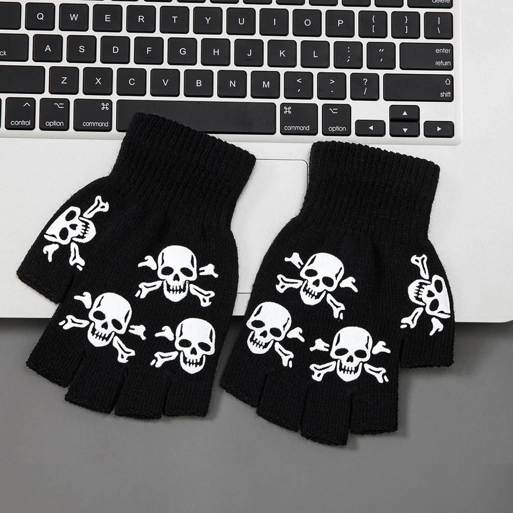 Boys' Halloween decorative warm gloves Fall and Winter split fingers open-fingered knit gloves Fashion skull hand pattern gloves