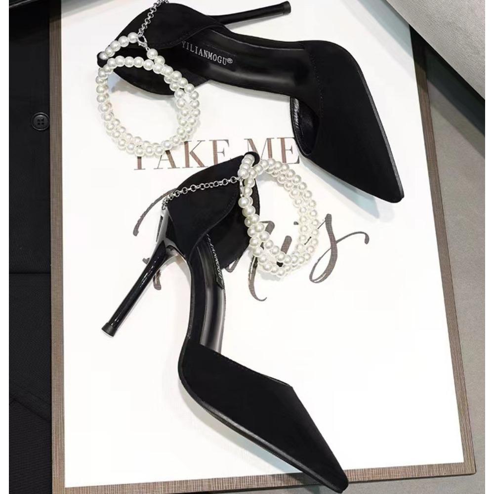 Sandals for Women's 2025 Summer New Bridesmaid Shoes Pearl Bow Black Thin Heel French Style High Heels Pointed Pumps for Women