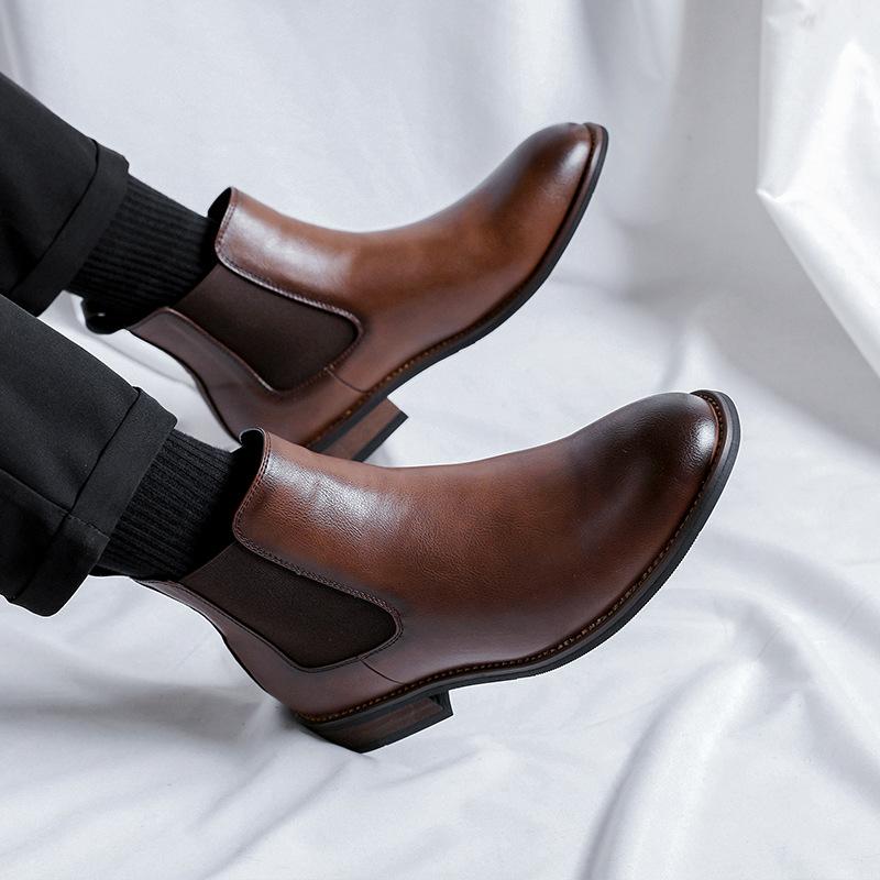 Men's Casual Chelsea Boots Black Brown Genuine Leather Shoes Business Office Dresses Cowboy Ankle Boot Pointed Toe Short Botas