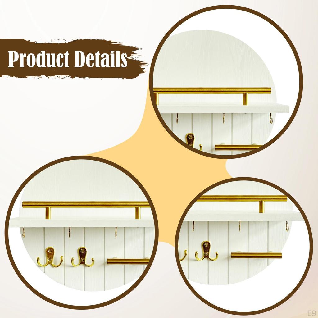 Key Holder Wall Mount Shelf Mail Organizer Tray Hooks for Bathroom Office