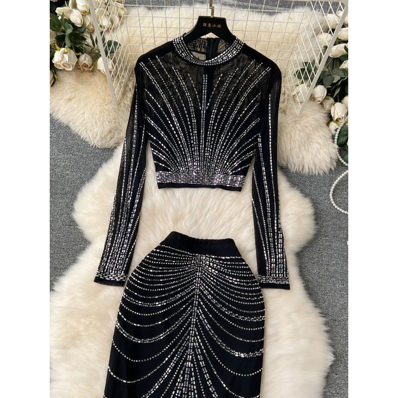 Fashion Socialite Style Suit Women's Accessible Luxury Heavy Embroidery Hot Drilling Long Sleeves Tops + Skirt Sheer Mesh Dress Fashion