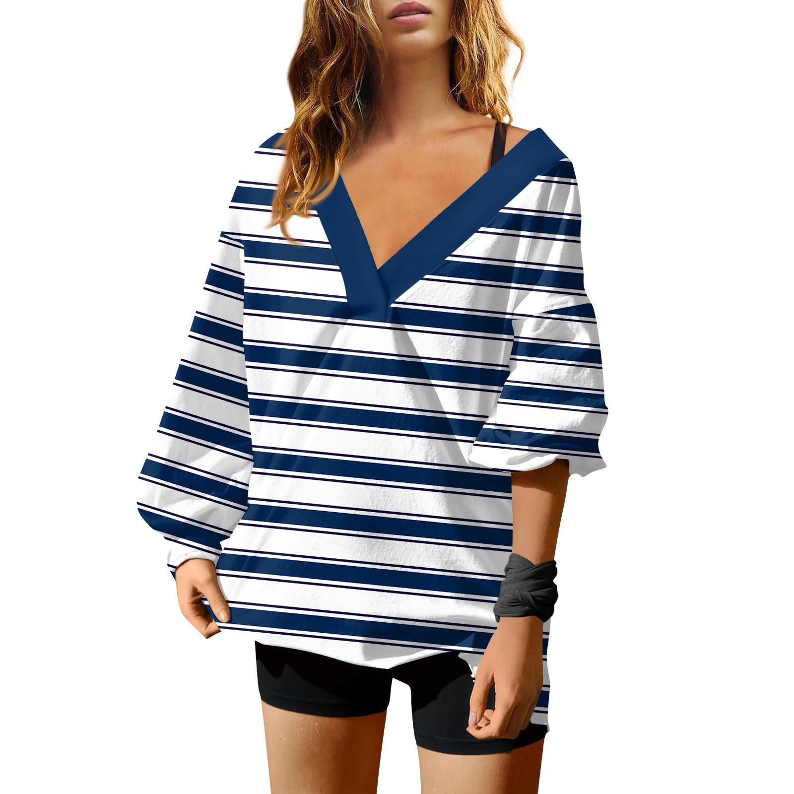 

Женская мода полосатый принт V-образный вырез длинный рукав свободный пуловер свитшот топ M белый