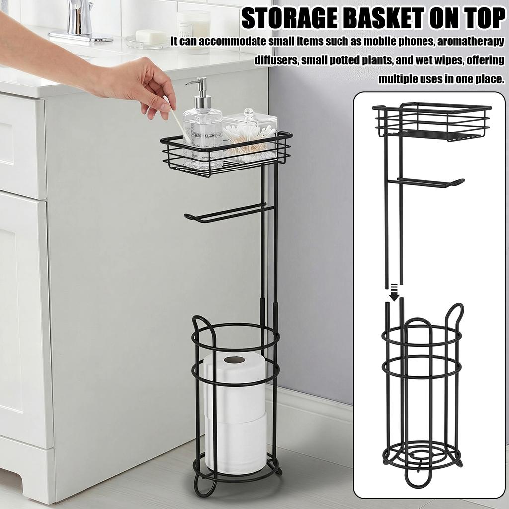 Floor Standing Toilet Paper Holder Iron Bathroom Tissue Dispenser Rust-proof Freestanding Toilet Roll Holder Storage Shelf
