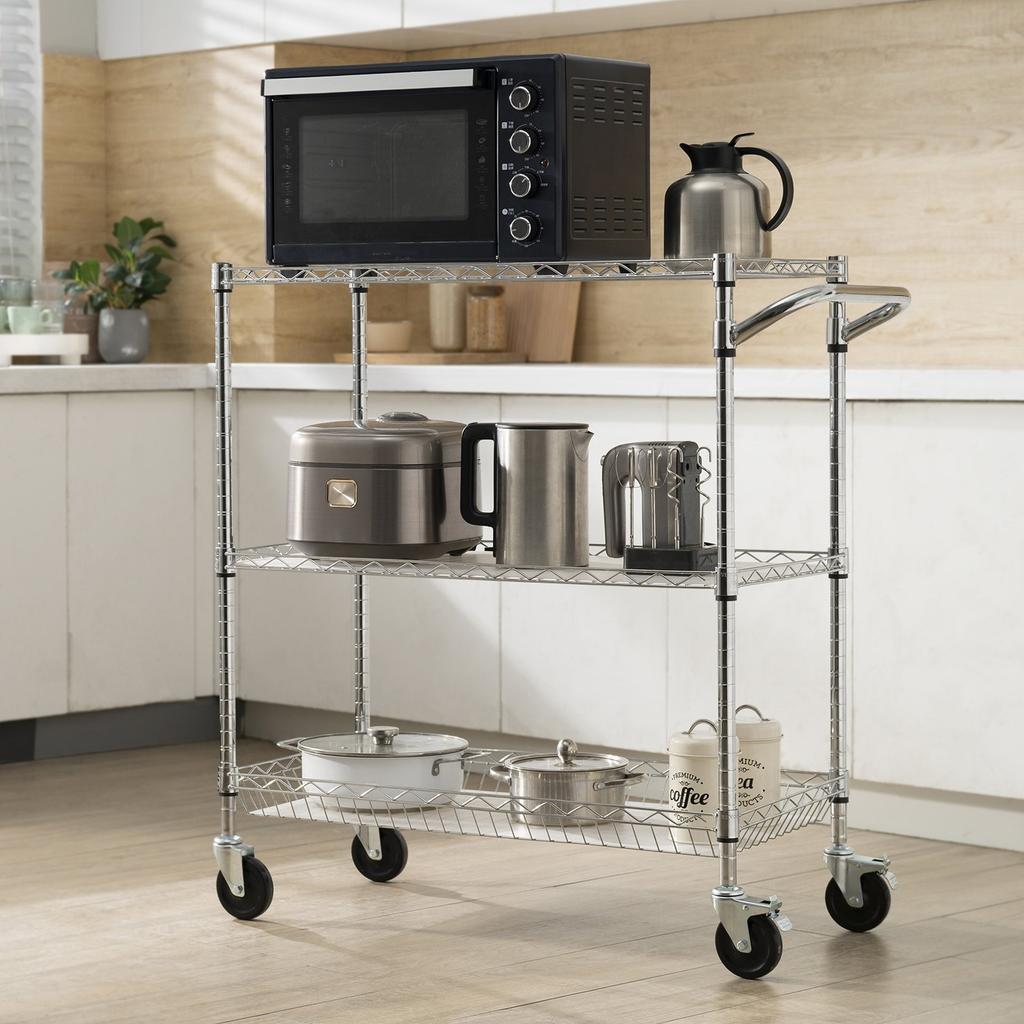 Kitchen Utility Cart, 3 Tiers, Wire Rolling Cart with 661LBS Capacity, Steel Service Cart on Wheels, Metal Storage Trolley with 80mm Basket Curved
