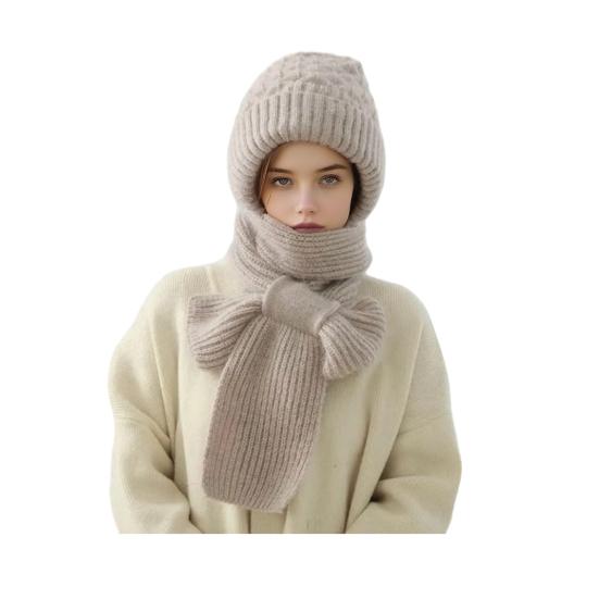 Winter Knit Hat with Integrated Scarf Solid Color Thickened Velvet Women Hat Long Scarf Set Cold Weather Headwear