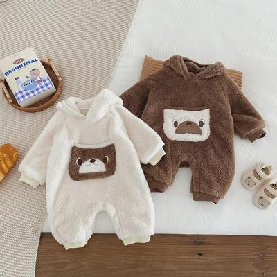2024 Korean Baby Fleece Hooded Romper - Autumn/Winter Cartoon Jumpsuit for Children
