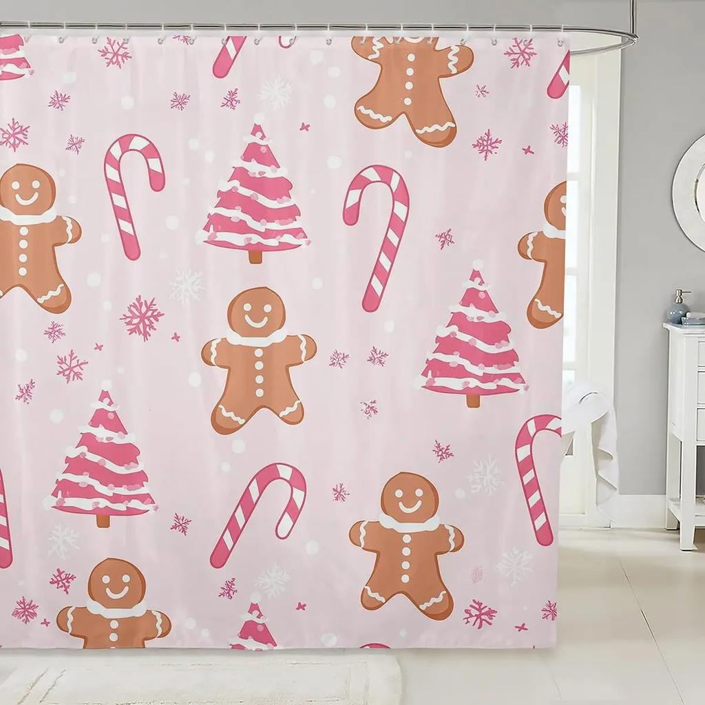 Merry Pink Christmas Shower Curtain,Cartoon Gingerbread Man Bathroom Curtain,Snowflakes Candy Fabric Shower Curtains,Happy New
