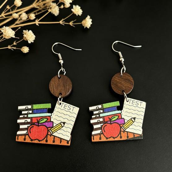 Colorful Rainbow Book Pendant Earrings - Double-sided Wooden Teacher Gift