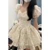 Ezgaga Rochii Femei Floral Gât în ​​V mâneci bufante Moda coreeană Slin Sexy Mini rochie Puffy Ball Gown Fairy Ladies Elegant